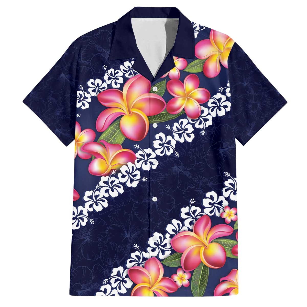 Blue Polynesia Family Matching Off Shoulder Short Dress and Hawaiian Shirt Plumeria With Hibiscus Pattern Tropical Vibes LT14 Dad's Shirt - Short Sleeve Blue - Polynesian Pride