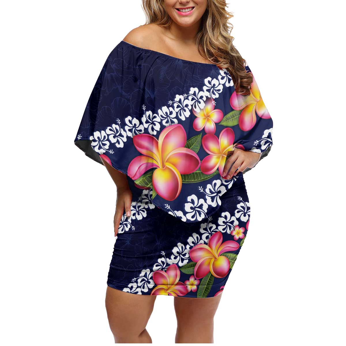 Blue Polynesia Family Matching Off Shoulder Short Dress and Hawaiian Shirt Plumeria With Hibiscus Pattern Tropical Vibes LT14 Mom's Dress Blue - Polynesian Pride