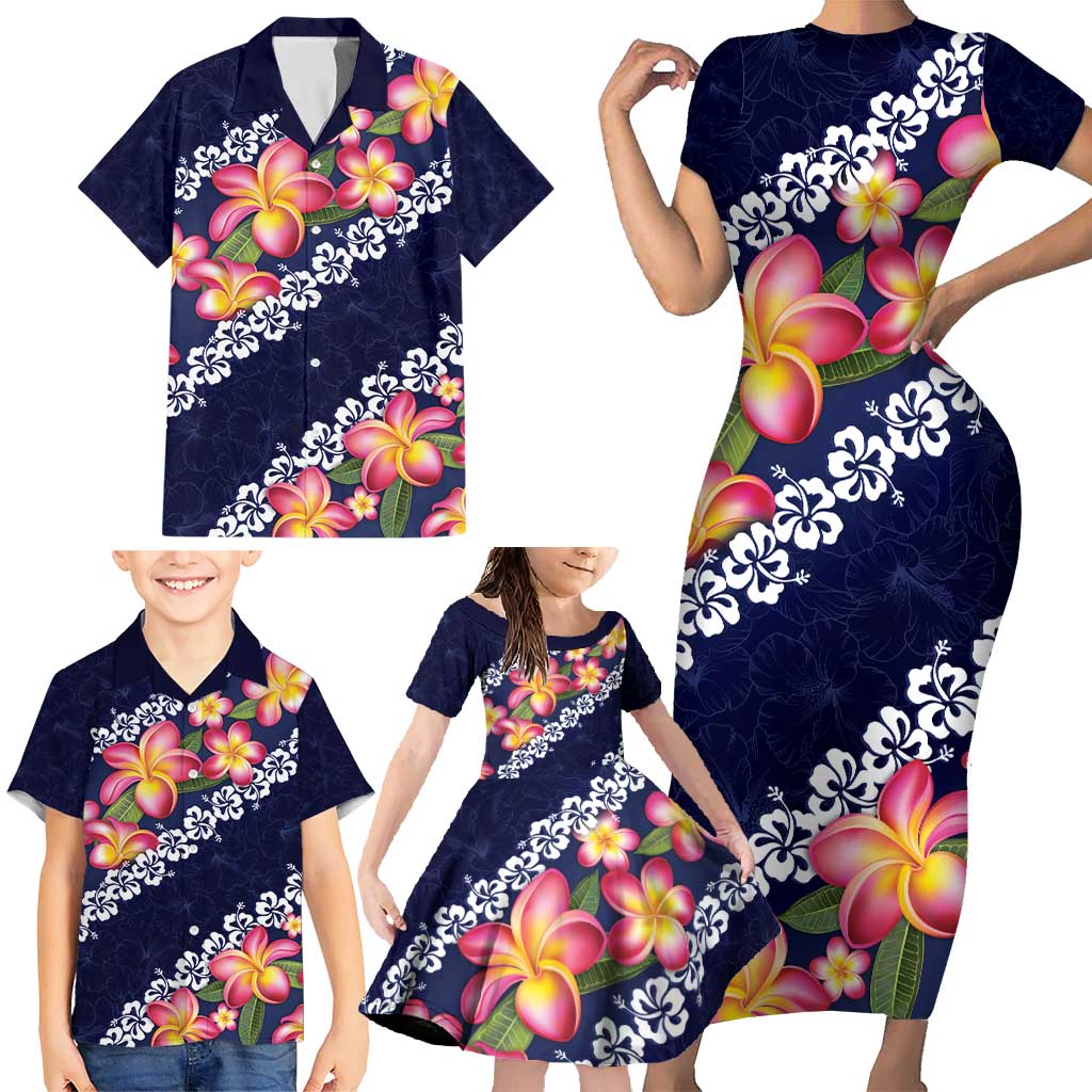 Blue Polynesia Family Matching Short Sleeve Bodycon Dress and Hawaiian Shirt Plumeria With Hibiscus Pattern Tropical Vibes LT14 - Polynesian Pride