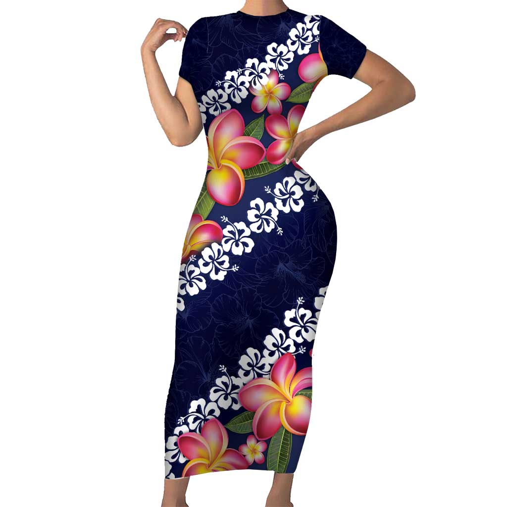 Blue Polynesia Family Matching Short Sleeve Bodycon Dress and Hawaiian Shirt Plumeria With Hibiscus Pattern Tropical Vibes LT14 Mom's Dress Blue - Polynesian Pride