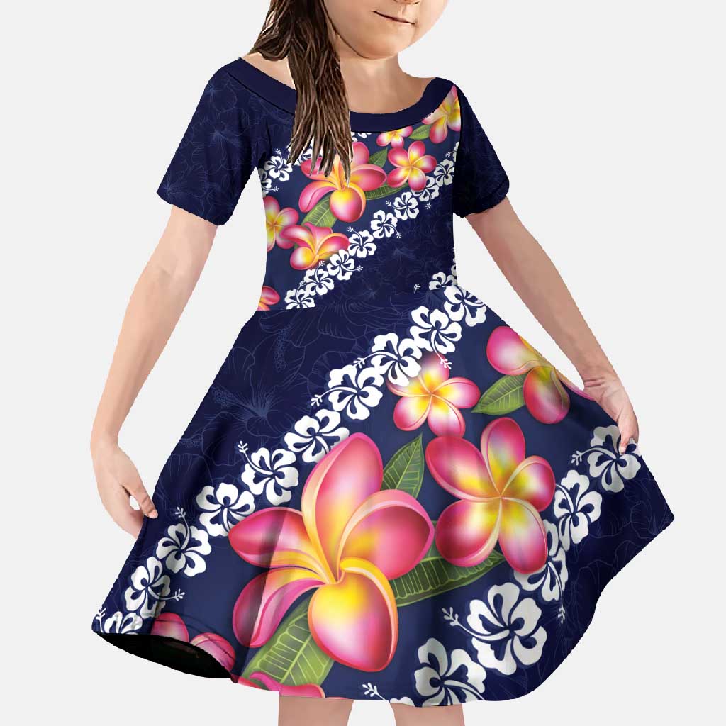 Blue Polynesia Family Matching Summer Maxi Dress and Hawaiian Shirt Plumeria With Hibiscus Pattern Tropical Vibes LT14 Daughter's Dress Blue - Polynesian Pride