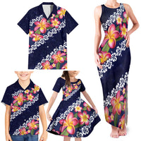 Blue Polynesia Family Matching Tank Maxi Dress and Hawaiian Shirt Plumeria With Hibiscus Pattern Tropical Vibes LT14 - Polynesian Pride
