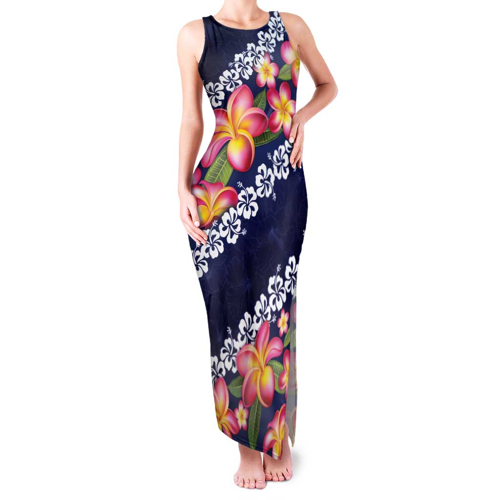 Blue Polynesia Family Matching Tank Maxi Dress and Hawaiian Shirt Plumeria With Hibiscus Pattern Tropical Vibes LT14 Mom's Dress Blue - Polynesian Pride