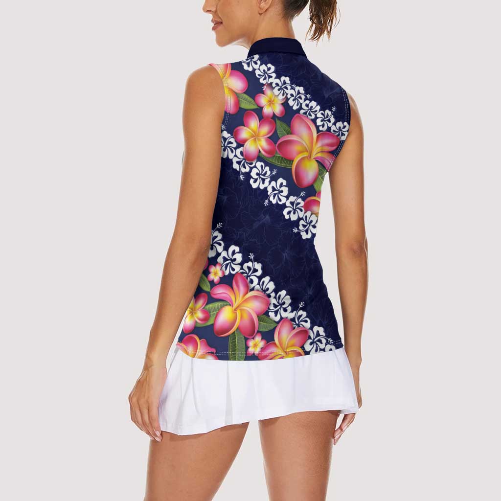 Blue Polynesia Women Sleeveless Polo Shirt Plumeria With Hibiscus Pattern Tropical Vibes