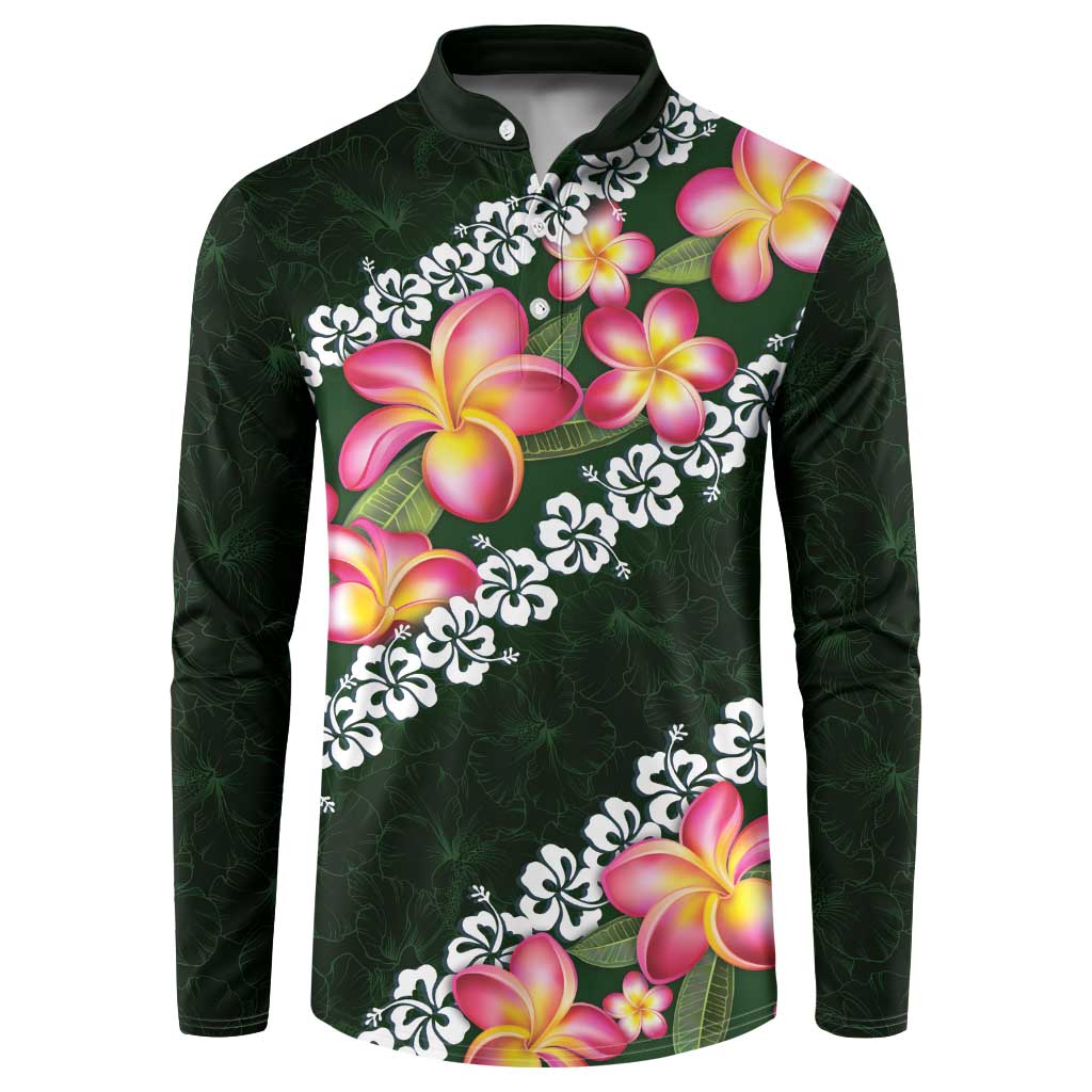 Green Polynesia Button Sweatshirt Plumeria With Hibiscus Pattern Tropical Vibes