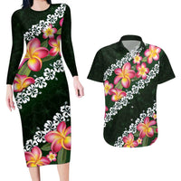 Green Polynesia Couples Matching Long Sleeve Bodycon Dress and Hawaiian Shirt Plumeria With Hibiscus Pattern Tropical Vibes LT14 Green - Polynesian Pride
