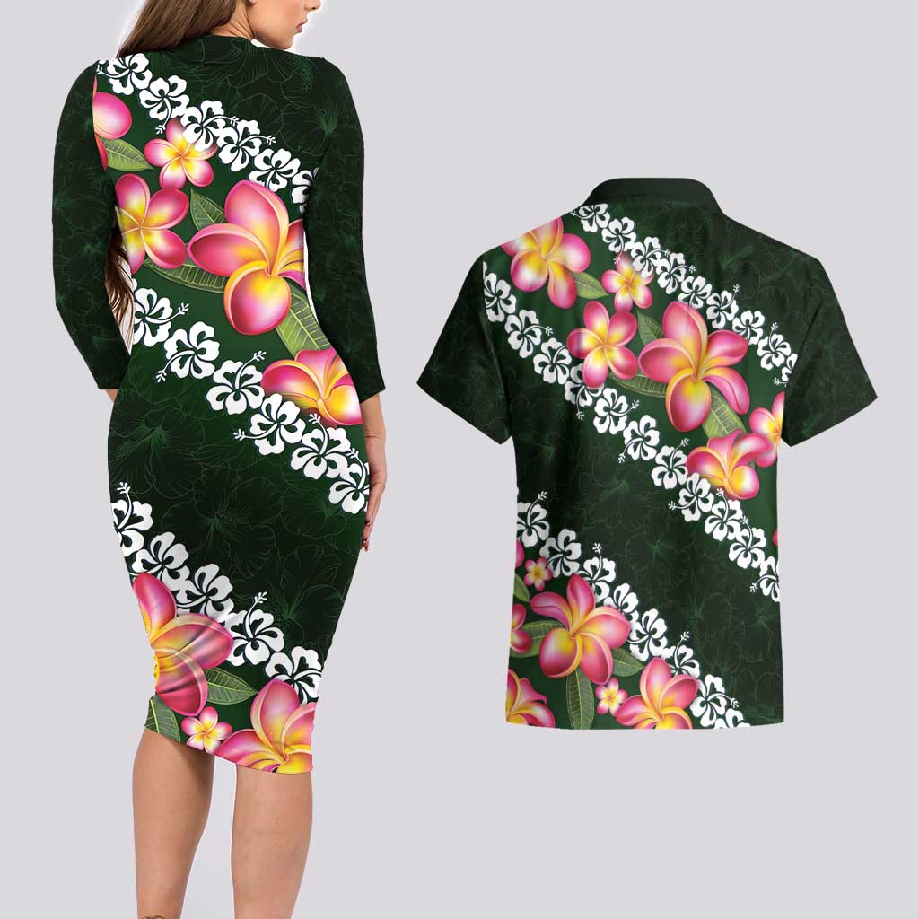Green Polynesia Couples Matching Long Sleeve Bodycon Dress and Hawaiian Shirt Plumeria With Hibiscus Pattern Tropical Vibes LT14 - Polynesian Pride