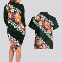 Green Polynesia Couples Matching Long Sleeve Bodycon Dress and Hawaiian Shirt Plumeria With Hibiscus Pattern Tropical Vibes LT14 - Polynesian Pride