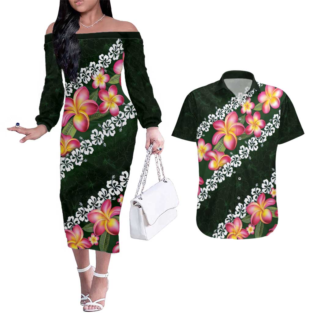 Green Polynesia Couples Matching Off The Shoulder Long Sleeve Dress and Hawaiian Shirt Plumeria With Hibiscus Pattern Tropical Vibes LT14 Green - Polynesian Pride