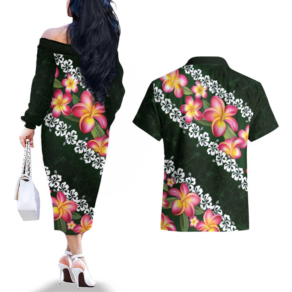 Green Polynesia Couples Matching Off The Shoulder Long Sleeve Dress and Hawaiian Shirt Plumeria With Hibiscus Pattern Tropical Vibes LT14 - Polynesian Pride