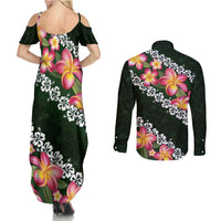 Green Polynesia Couples Matching Summer Maxi Dress and Long Sleeve Button Shirt Plumeria With Hibiscus Pattern Tropical Vibes LT14 - Polynesian Pride