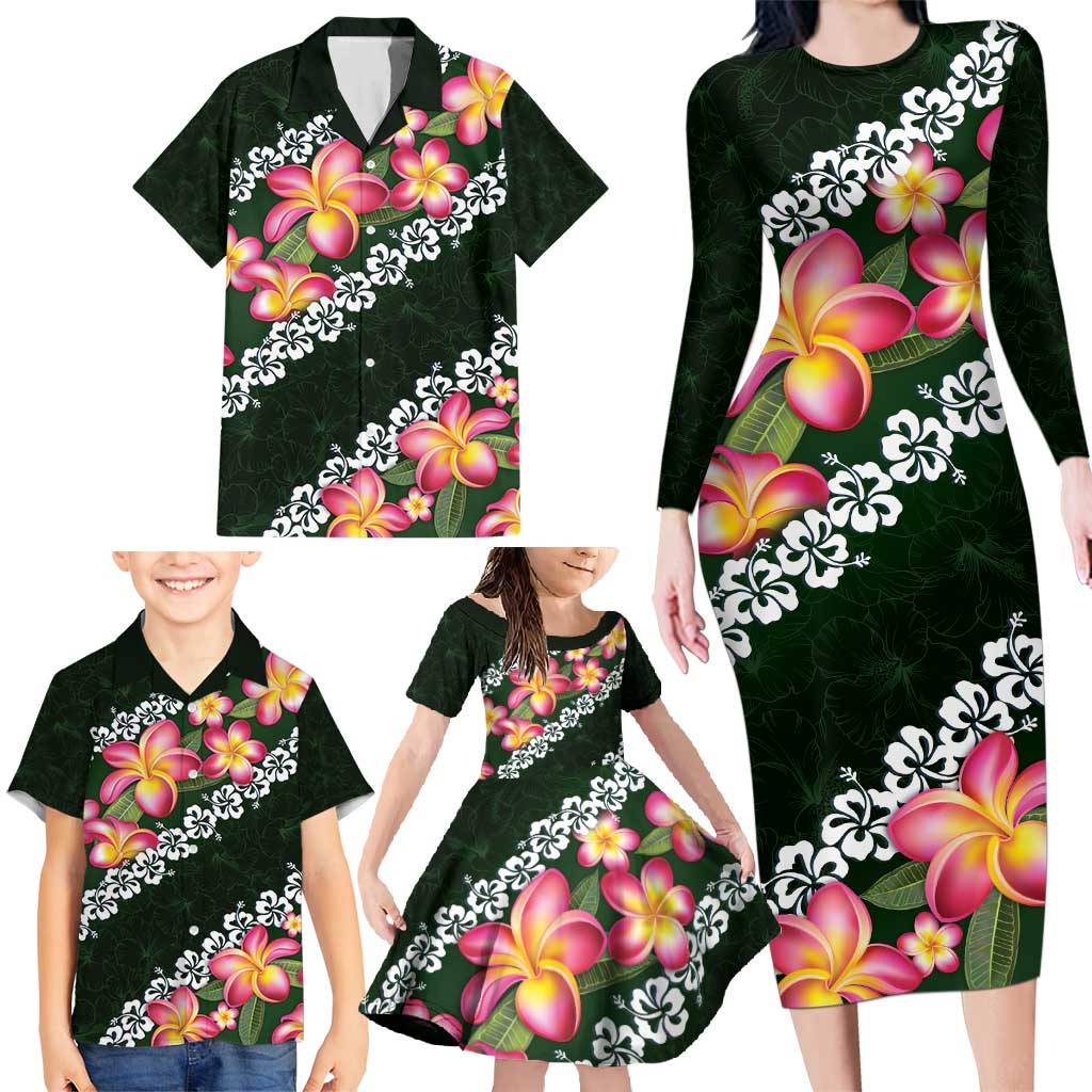 Green Polynesia Family Matching Long Sleeve Bodycon Dress and Hawaiian Shirt Plumeria With Hibiscus Pattern Tropical Vibes LT14 - Polynesian Pride