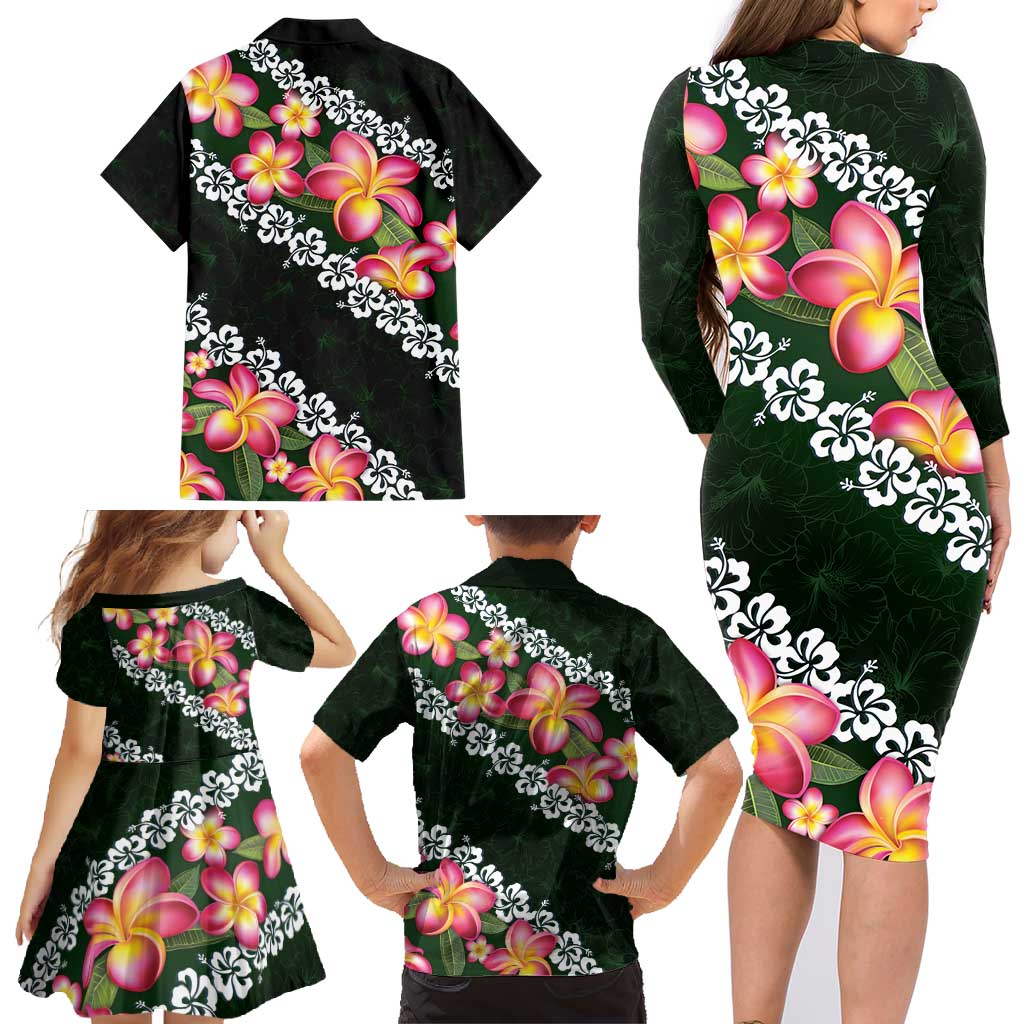 Green Polynesia Family Matching Long Sleeve Bodycon Dress and Hawaiian Shirt Plumeria With Hibiscus Pattern Tropical Vibes LT14 - Polynesian Pride