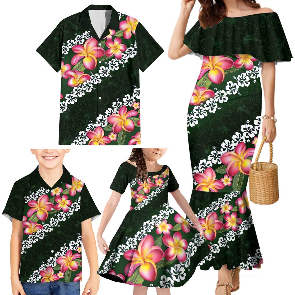 Green Polynesia Family Matching Mermaid Dress and Hawaiian Shirt Plumeria With Hibiscus Pattern Tropical Vibes LT14 - Polynesian Pride
