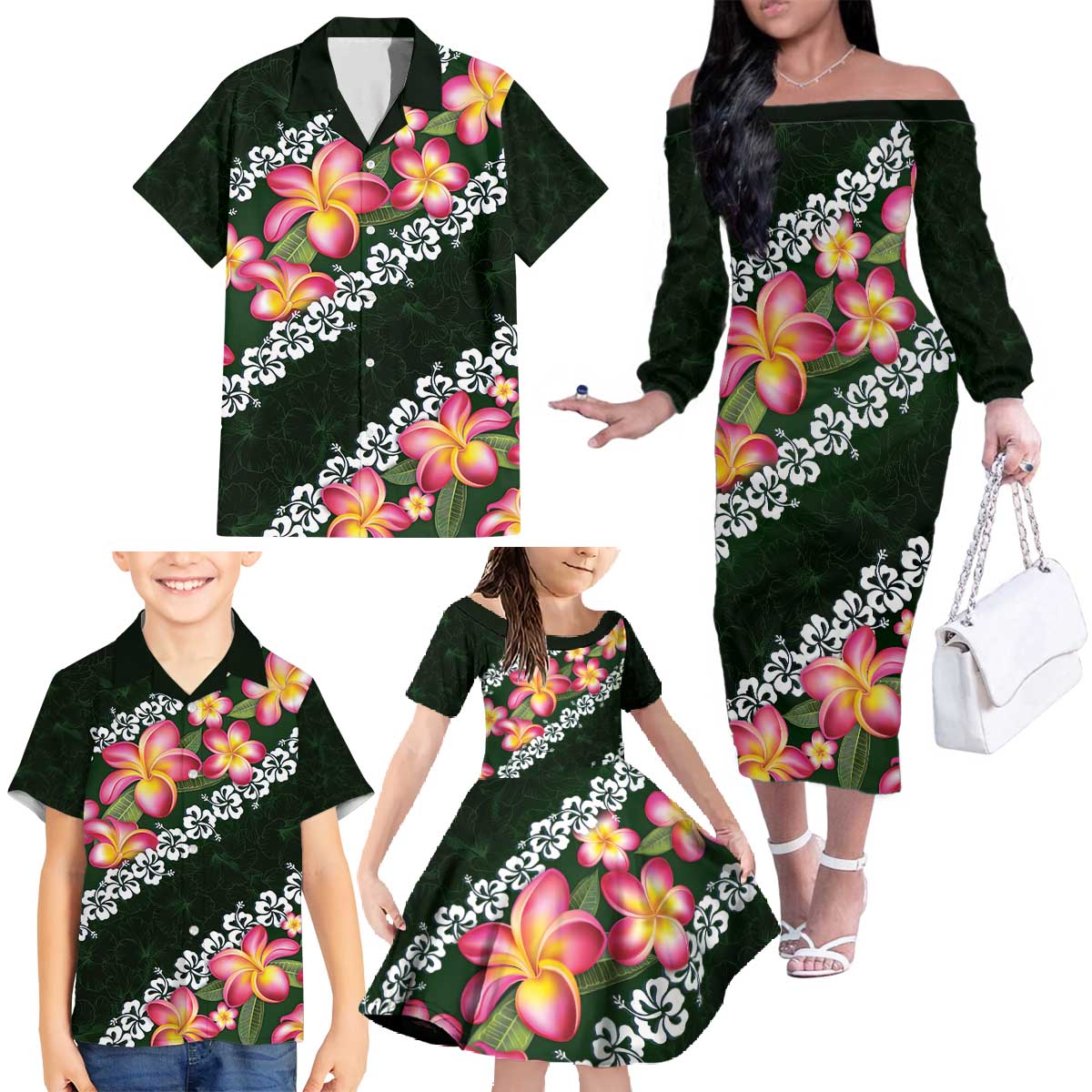 Green Polynesia Family Matching Off The Shoulder Long Sleeve Dress and Hawaiian Shirt Plumeria With Hibiscus Pattern Tropical Vibes LT14 - Polynesian Pride