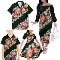 Green Polynesia Family Matching Off The Shoulder Long Sleeve Dress and Hawaiian Shirt Plumeria With Hibiscus Pattern Tropical Vibes LT14 - Polynesian Pride