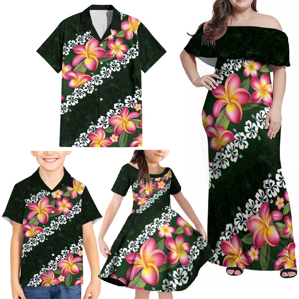 Green Polynesia Family Matching Off Shoulder Maxi Dress and Hawaiian Shirt Plumeria With Hibiscus Pattern Tropical Vibes LT14 - Polynesian Pride