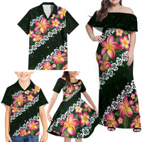 Green Polynesia Family Matching Off Shoulder Maxi Dress and Hawaiian Shirt Plumeria With Hibiscus Pattern Tropical Vibes LT14 - Polynesian Pride