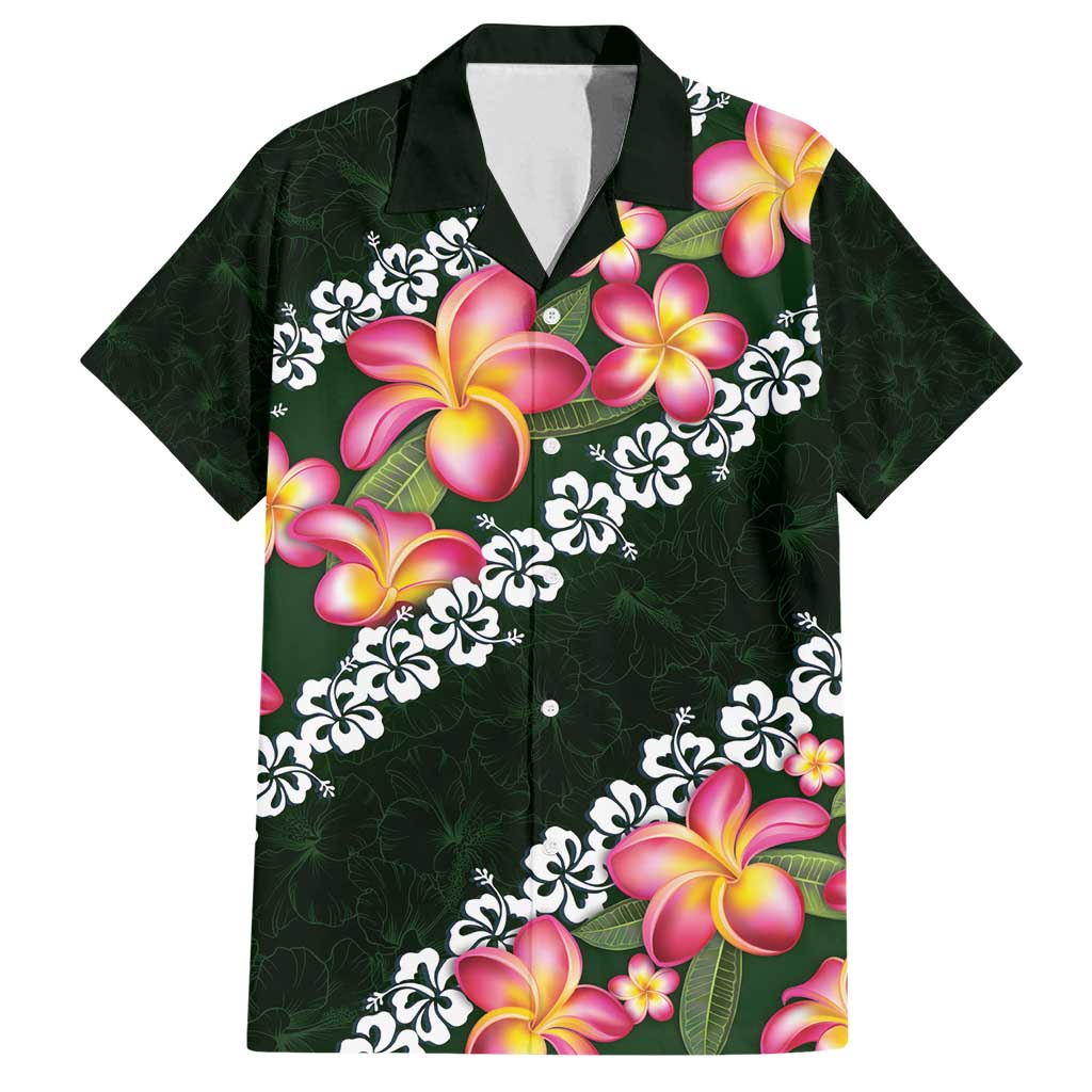 Green Polynesia Family Matching Off Shoulder Maxi Dress and Hawaiian Shirt Plumeria With Hibiscus Pattern Tropical Vibes LT14 Dad's Shirt - Short Sleeve Green - Polynesian Pride