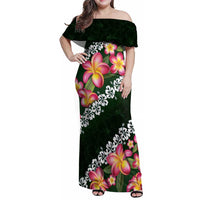 Green Polynesia Family Matching Off Shoulder Maxi Dress and Hawaiian Shirt Plumeria With Hibiscus Pattern Tropical Vibes LT14 Mom's Dress Green - Polynesian Pride