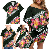 Green Polynesia Family Matching Off Shoulder Short Dress and Hawaiian Shirt Plumeria With Hibiscus Pattern Tropical Vibes LT14 - Polynesian Pride