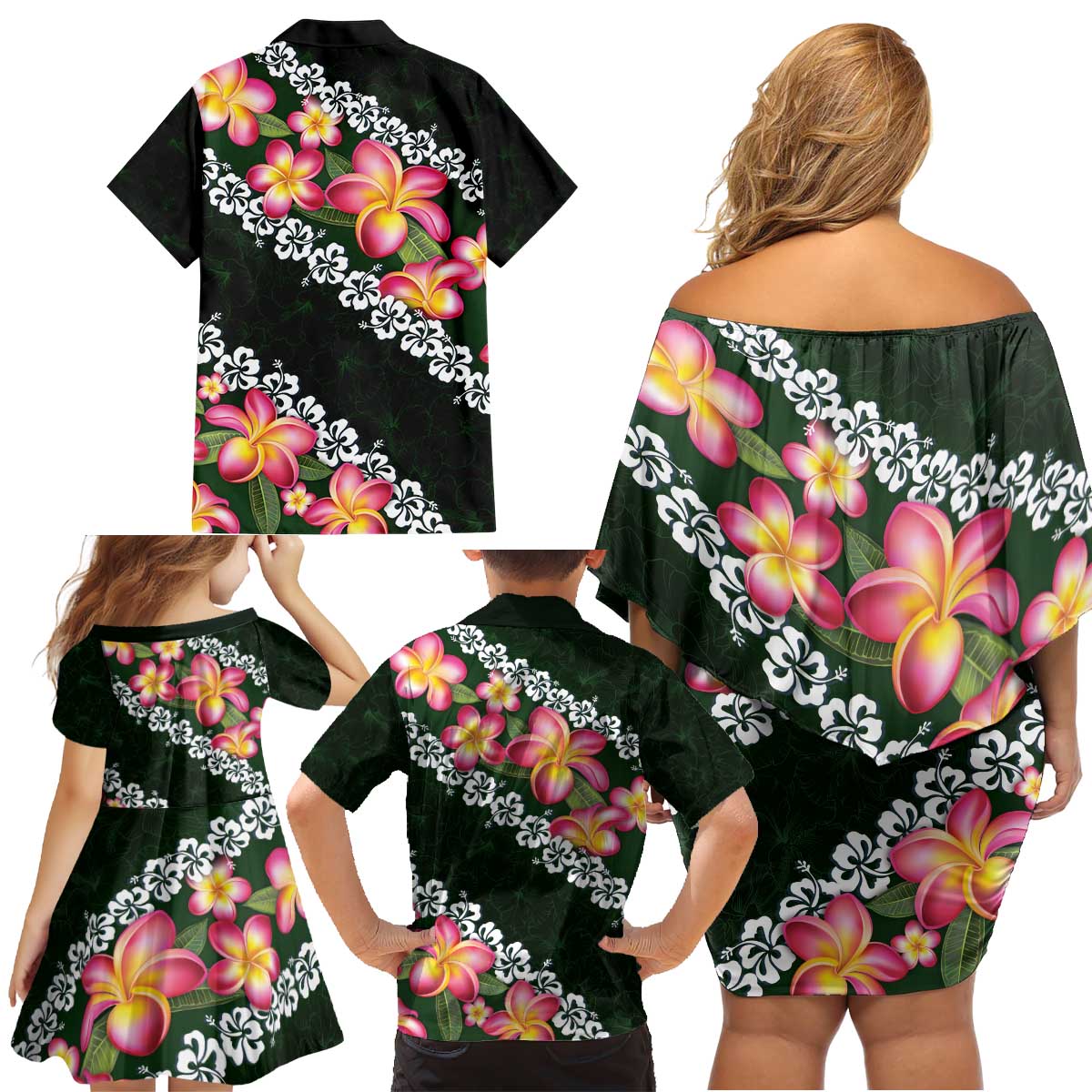 Green Polynesia Family Matching Off Shoulder Short Dress and Hawaiian Shirt Plumeria With Hibiscus Pattern Tropical Vibes LT14 - Polynesian Pride