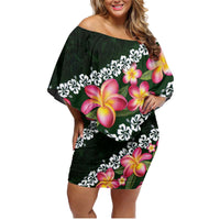 Green Polynesia Family Matching Off Shoulder Short Dress and Hawaiian Shirt Plumeria With Hibiscus Pattern Tropical Vibes LT14 Mom's Dress Green - Polynesian Pride