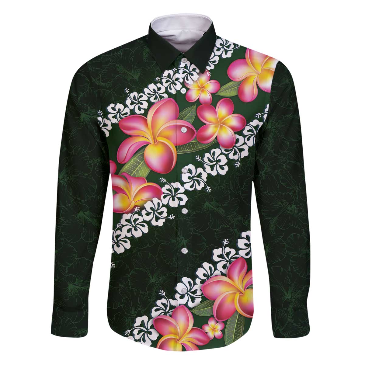 Green Polynesia Family Matching Puletasi and Hawaiian Shirt Plumeria With Hibiscus Pattern Tropical Vibes LT14 Dad's Shirt - Long Sleeve Green - Polynesian Pride