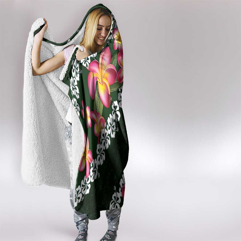 Green Polynesia Hooded Blanket Plumeria With Hibiscus Pattern Tropical Vibes