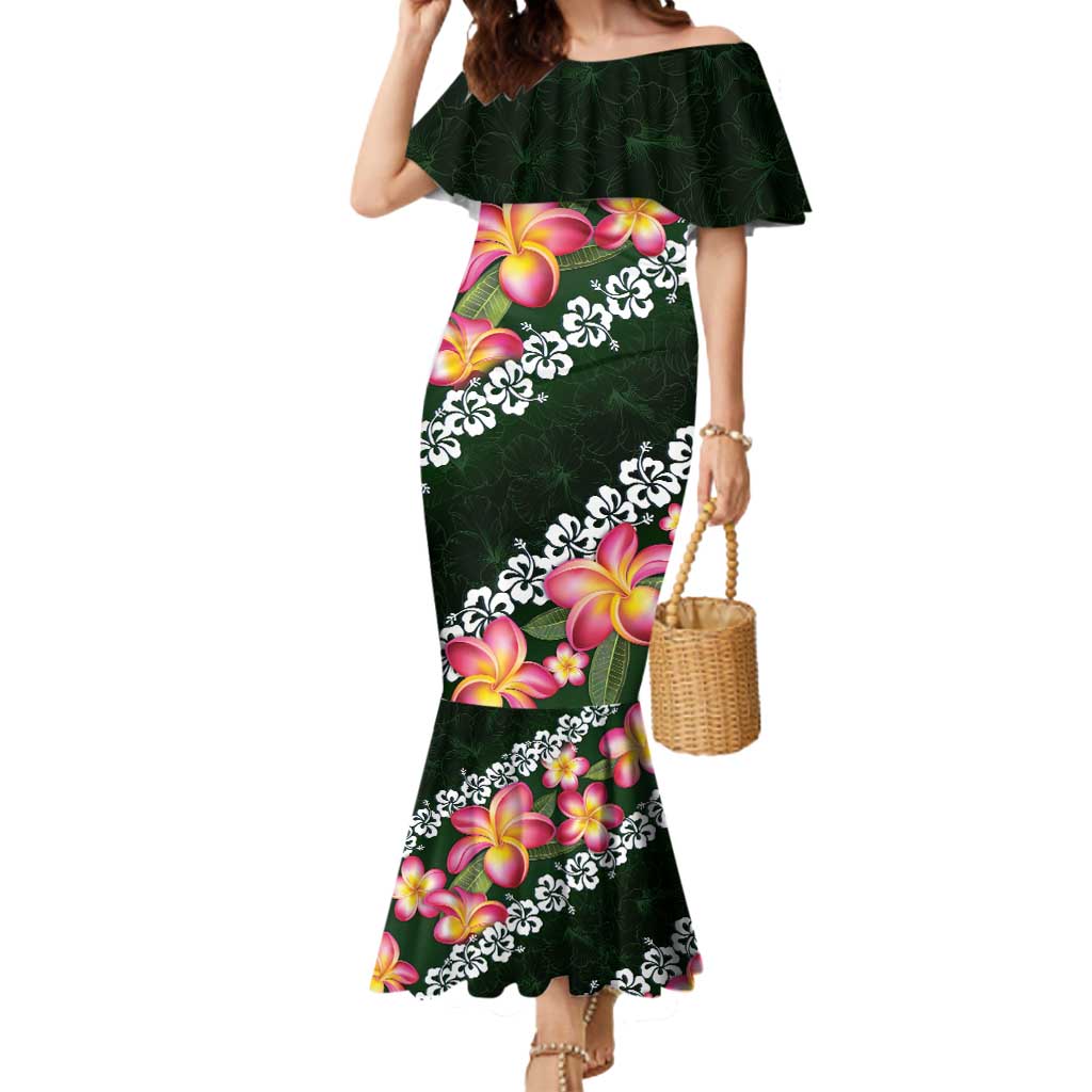 Green Polynesia Mermaid Dress Plumeria With Hibiscus Pattern Tropical Vibes LT14 Women Green - Polynesian Pride