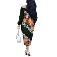 Green Polynesia Off The Shoulder Long Sleeve Dress Plumeria With Hibiscus Pattern Tropical Vibes LT14 - Polynesian Pride
