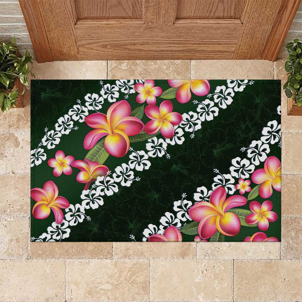 Green Polynesia Rubber Doormat Plumeria With Hibiscus Pattern Tropical Vibes