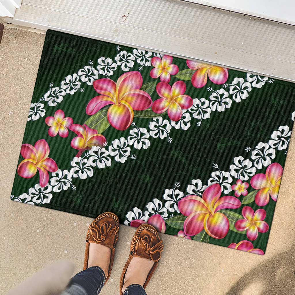 Green Polynesia Rubber Doormat Plumeria With Hibiscus Pattern Tropical Vibes