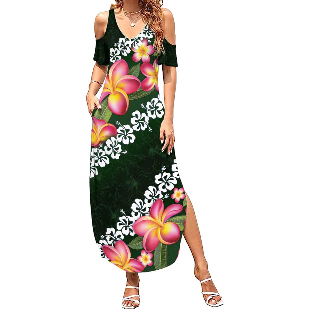 Green Polynesia Summer Maxi Dress Plumeria With Hibiscus Pattern Tropical Vibes LT14 Women Green - Polynesian Pride