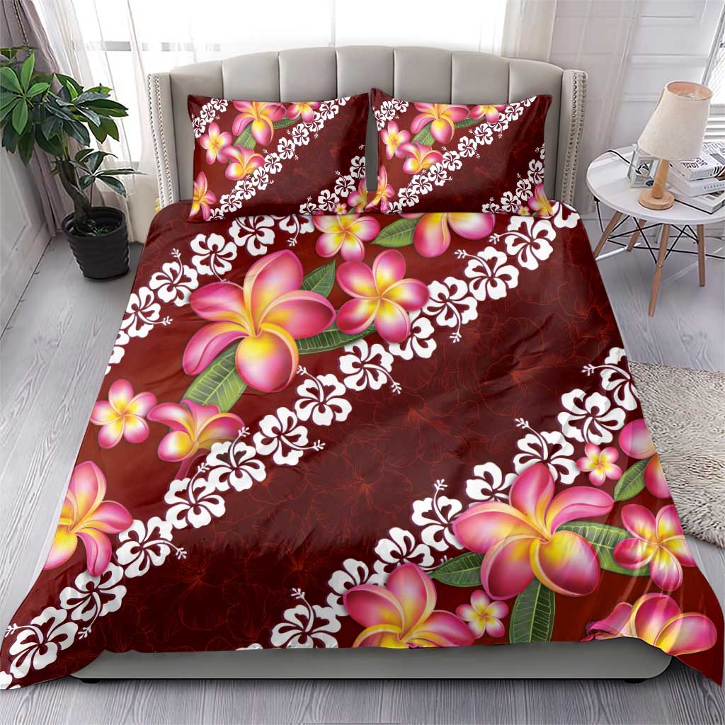 Oxblood Polynesia Bedding Set Plumeria With Hibiscus Pattern Tropical Vibes LT14 - Polynesian Pride