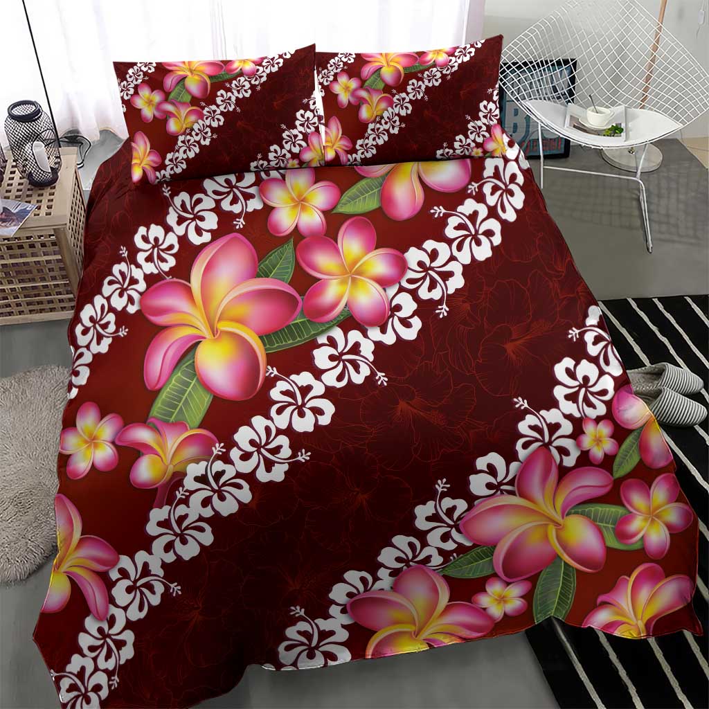 Oxblood Polynesia Bedding Set Plumeria With Hibiscus Pattern Tropical Vibes LT14 - Polynesian Pride