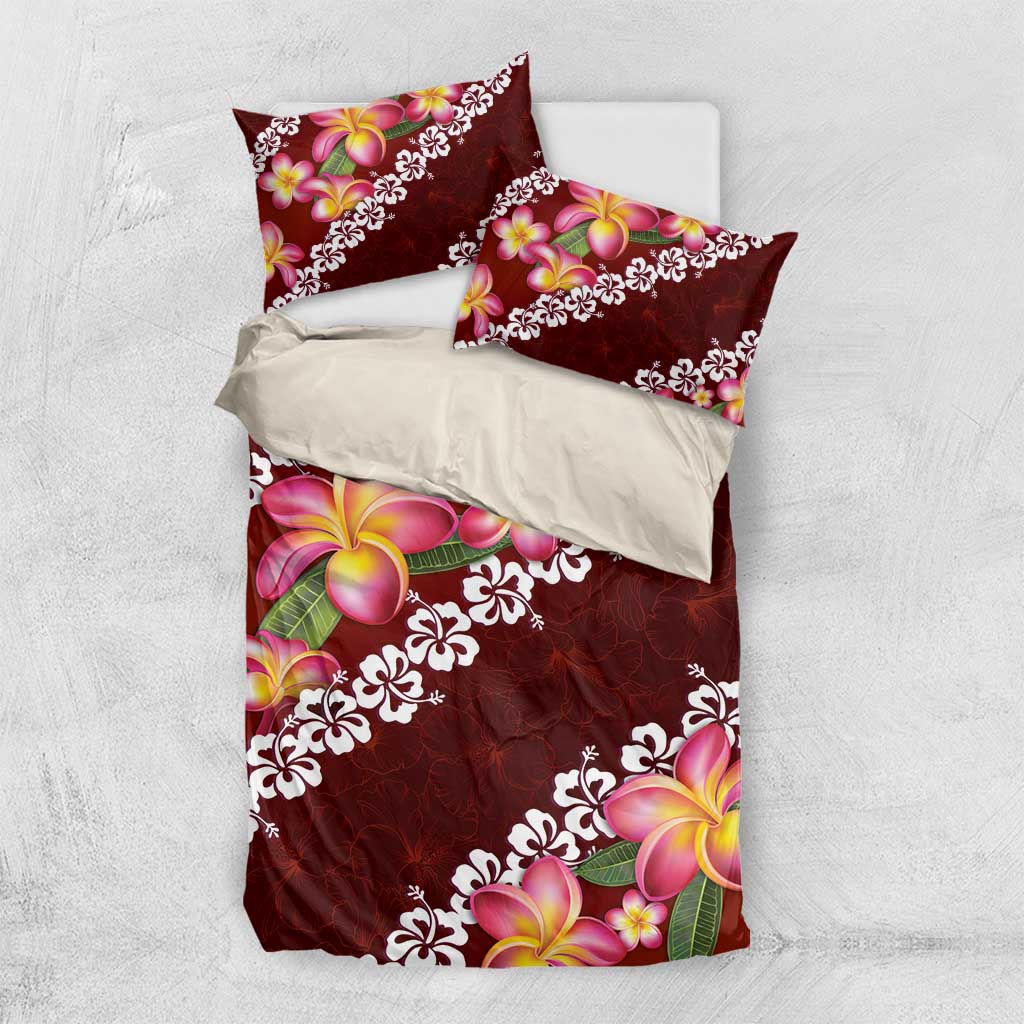 Oxblood Polynesia Bedding Set Plumeria With Hibiscus Pattern Tropical Vibes LT14 US Twin 172cm x 218cm Oxblood - Polynesian Pride
