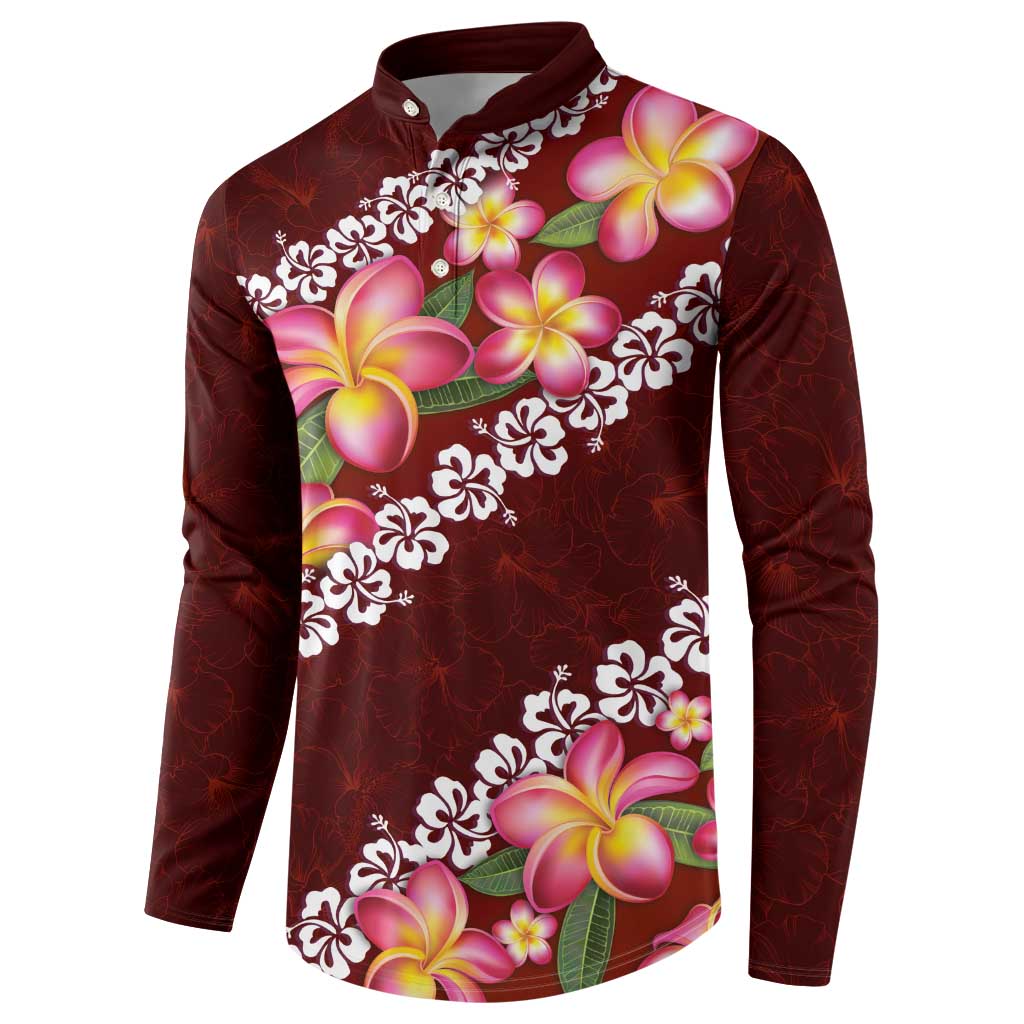 Oxblood Polynesia Button Sweatshirt Plumeria With Hibiscus Pattern Tropical Vibes