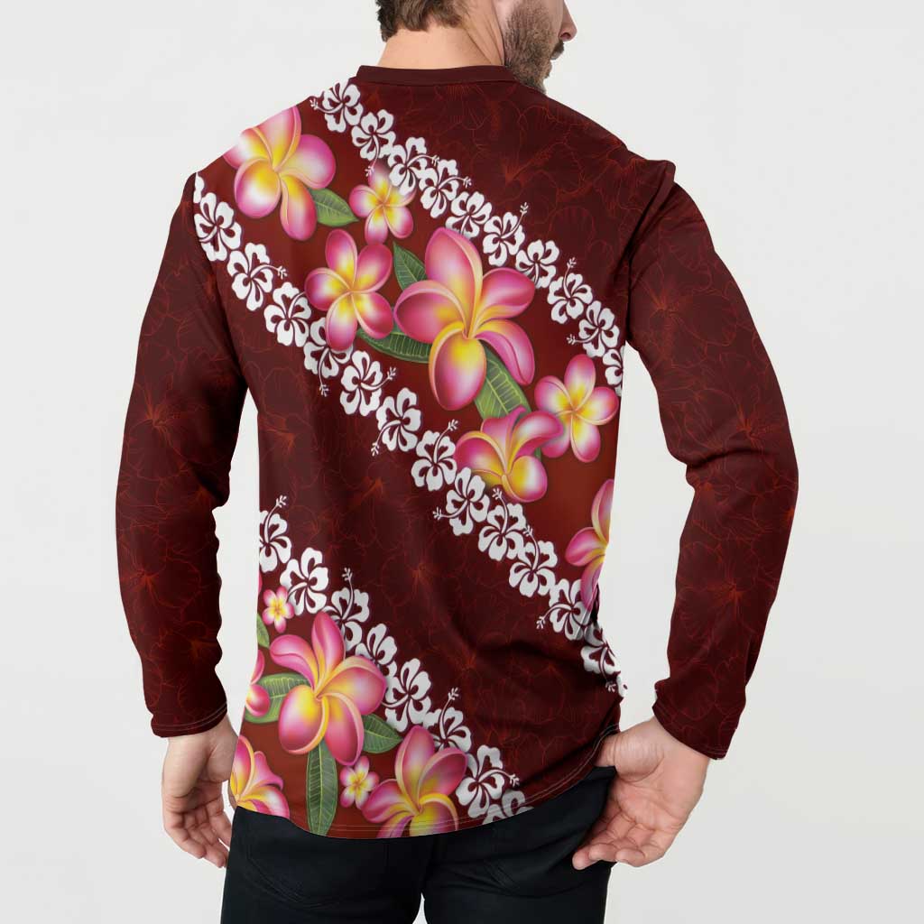 Oxblood Polynesia Button Sweatshirt Plumeria With Hibiscus Pattern Tropical Vibes