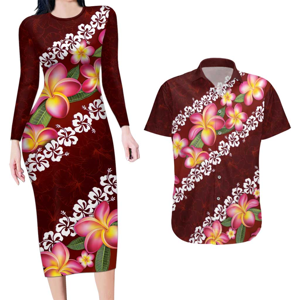 Oxblood Polynesia Couples Matching Long Sleeve Bodycon Dress and Hawaiian Shirt Plumeria With Hibiscus Pattern Tropical Vibes LT14 Oxblood - Polynesian Pride