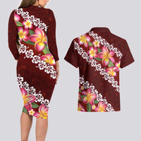 Oxblood Polynesia Couples Matching Long Sleeve Bodycon Dress and Hawaiian Shirt Plumeria With Hibiscus Pattern Tropical Vibes LT14 - Polynesian Pride