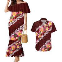 Oxblood Polynesia Couples Matching Mermaid Dress and Hawaiian Shirt Plumeria With Hibiscus Pattern Tropical Vibes LT14 Oxblood - Polynesian Pride