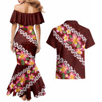 Oxblood Polynesia Couples Matching Mermaid Dress and Hawaiian Shirt Plumeria With Hibiscus Pattern Tropical Vibes LT14 - Polynesian Pride
