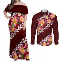 Oxblood Polynesia Couples Matching Off Shoulder Maxi Dress and Long Sleeve Button Shirt Plumeria With Hibiscus Pattern Tropical Vibes