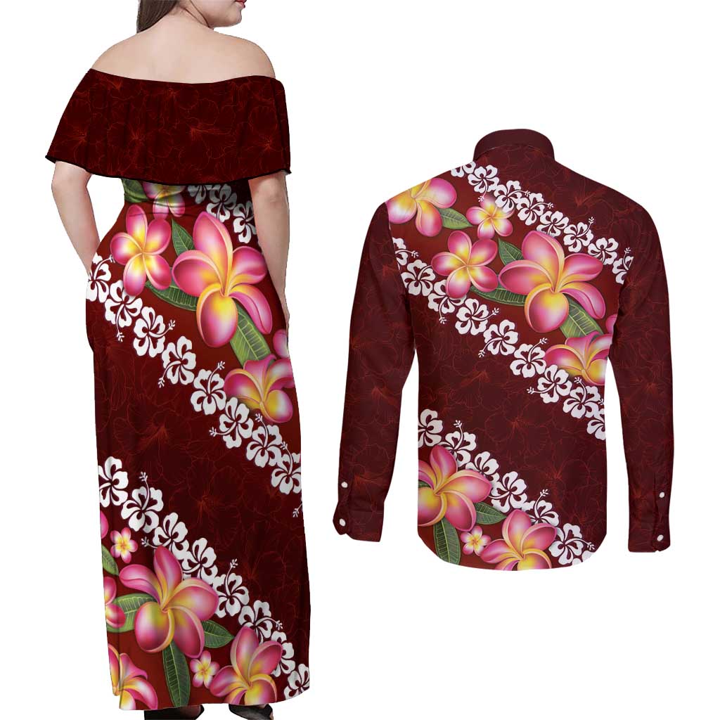 Oxblood Polynesia Couples Matching Off Shoulder Maxi Dress and Long Sleeve Button Shirt Plumeria With Hibiscus Pattern Tropical Vibes