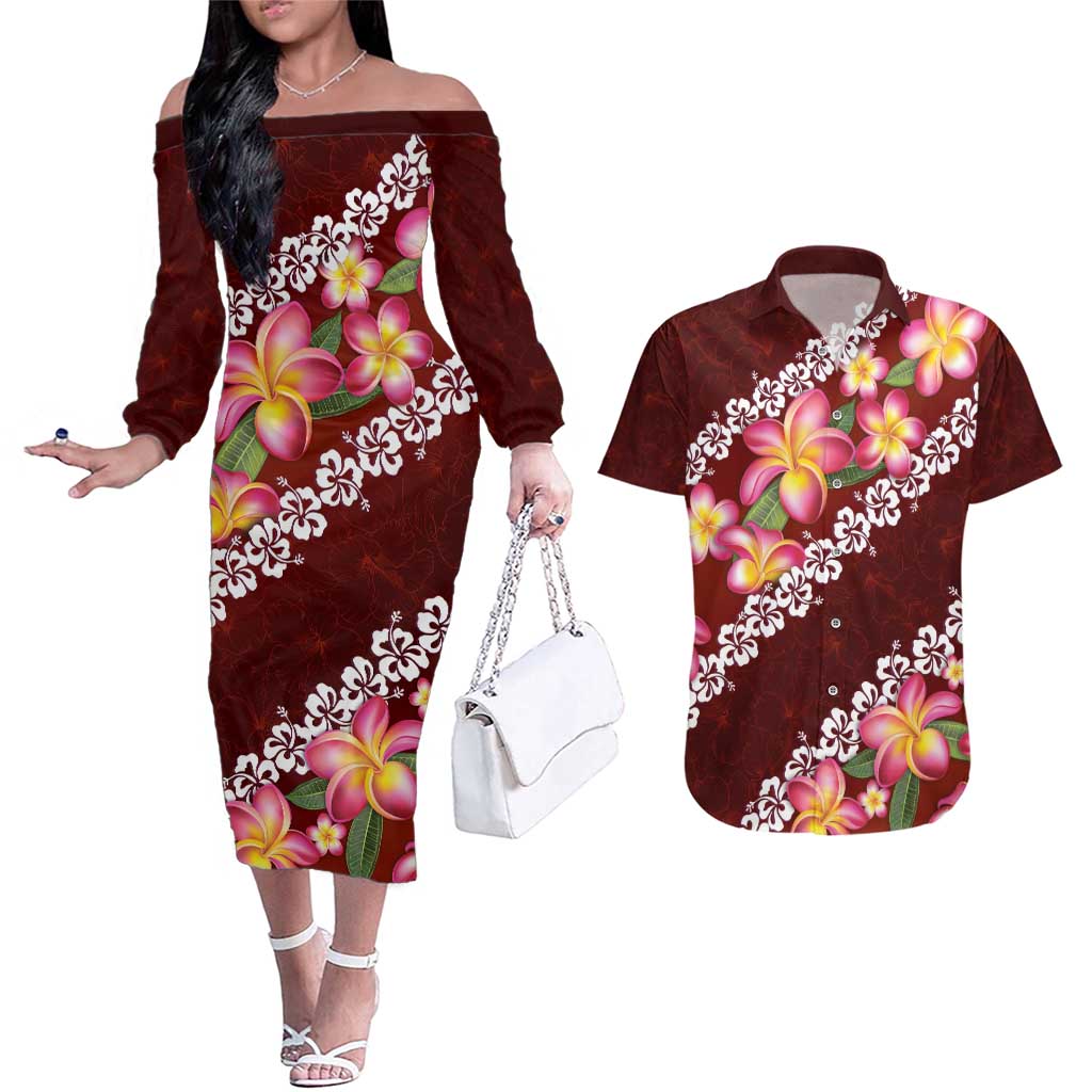 Oxblood Polynesia Couples Matching Off The Shoulder Long Sleeve Dress and Hawaiian Shirt Plumeria With Hibiscus Pattern Tropical Vibes LT14 Oxblood - Polynesian Pride