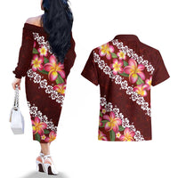 Oxblood Polynesia Couples Matching Off The Shoulder Long Sleeve Dress and Hawaiian Shirt Plumeria With Hibiscus Pattern Tropical Vibes LT14 - Polynesian Pride