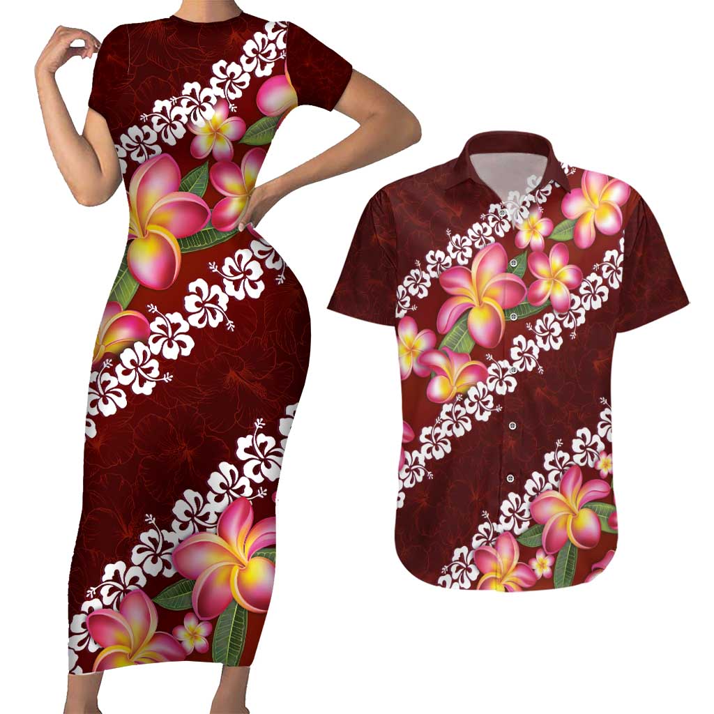 Oxblood Polynesia Couples Matching Short Sleeve Bodycon Dress and Hawaiian Shirt Plumeria With Hibiscus Pattern Tropical Vibes LT14 Oxblood - Polynesian Pride