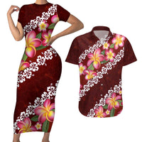 Oxblood Polynesia Couples Matching Short Sleeve Bodycon Dress and Hawaiian Shirt Plumeria With Hibiscus Pattern Tropical Vibes LT14 Oxblood - Polynesian Pride