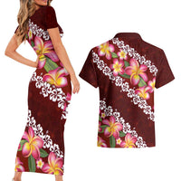 Oxblood Polynesia Couples Matching Short Sleeve Bodycon Dress and Hawaiian Shirt Plumeria With Hibiscus Pattern Tropical Vibes LT14 - Polynesian Pride